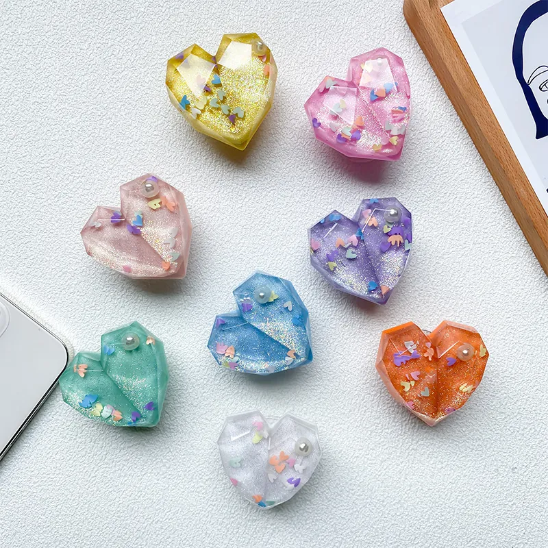 Heart Shaped Expanding Phone Grip Stand Resin Glitter Sequin Faux Artificial Pearl Geometric Foldable Universal Desktop Support