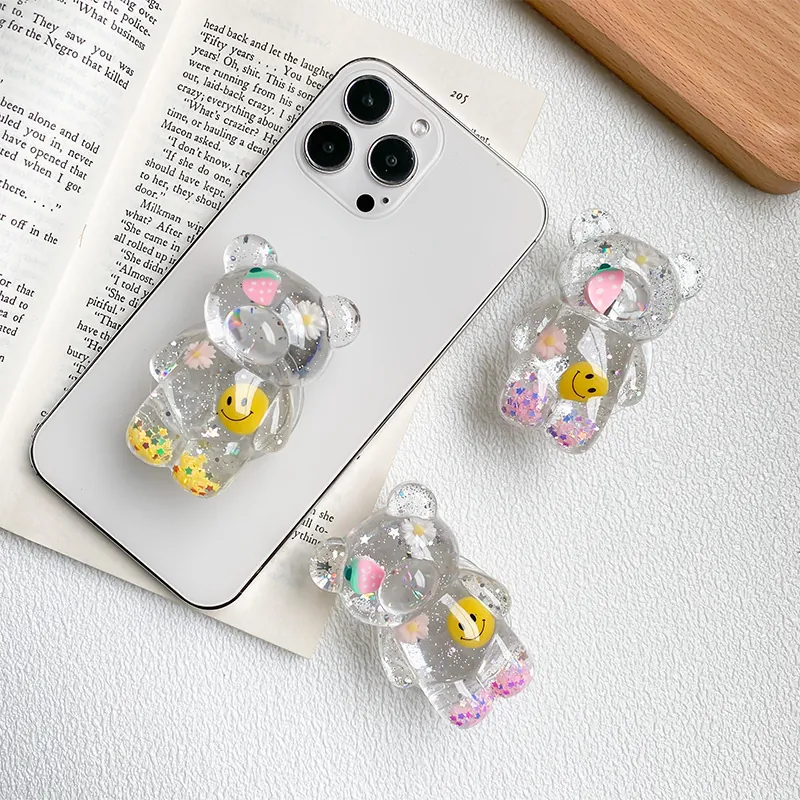 Cute Bear Shape Phone Griptok Transparent Resin Expanding Stand Glitter Star Sequin Creative Kawaii Mobile Holder