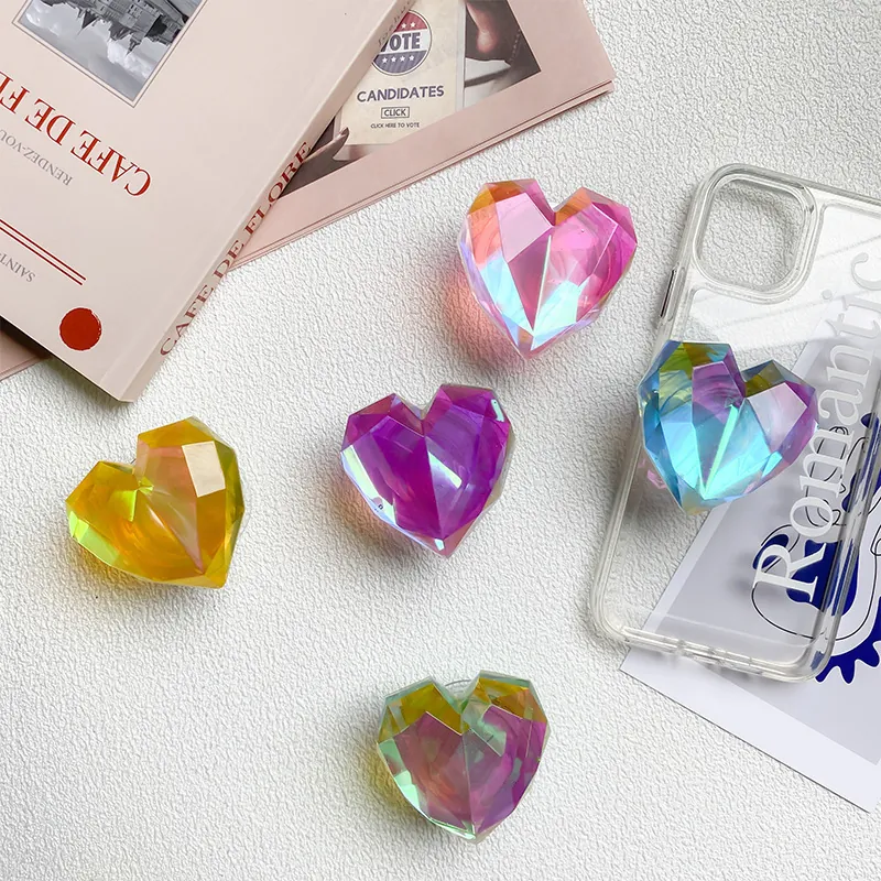 Heart Phone Grip Collapsible Socket Stand Iridescent Aurora Laser Faceted 3D Acrylic Transparent Universal Accessory