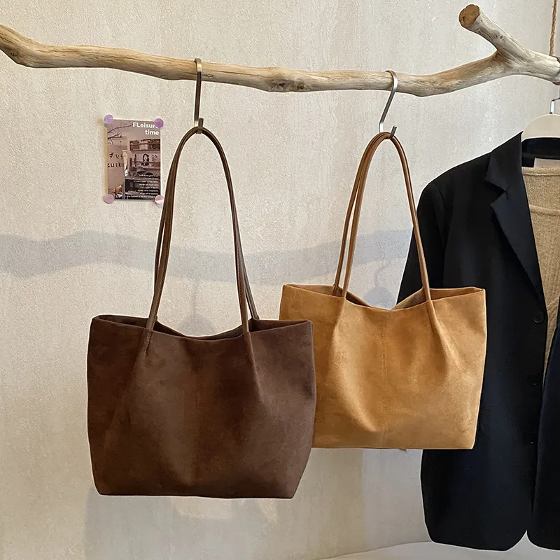 Grande Borsa Tote Da Donna In Scamosciato Sintetico Stile Coreano Minimalista Borsa A Spalla Retro Morbida