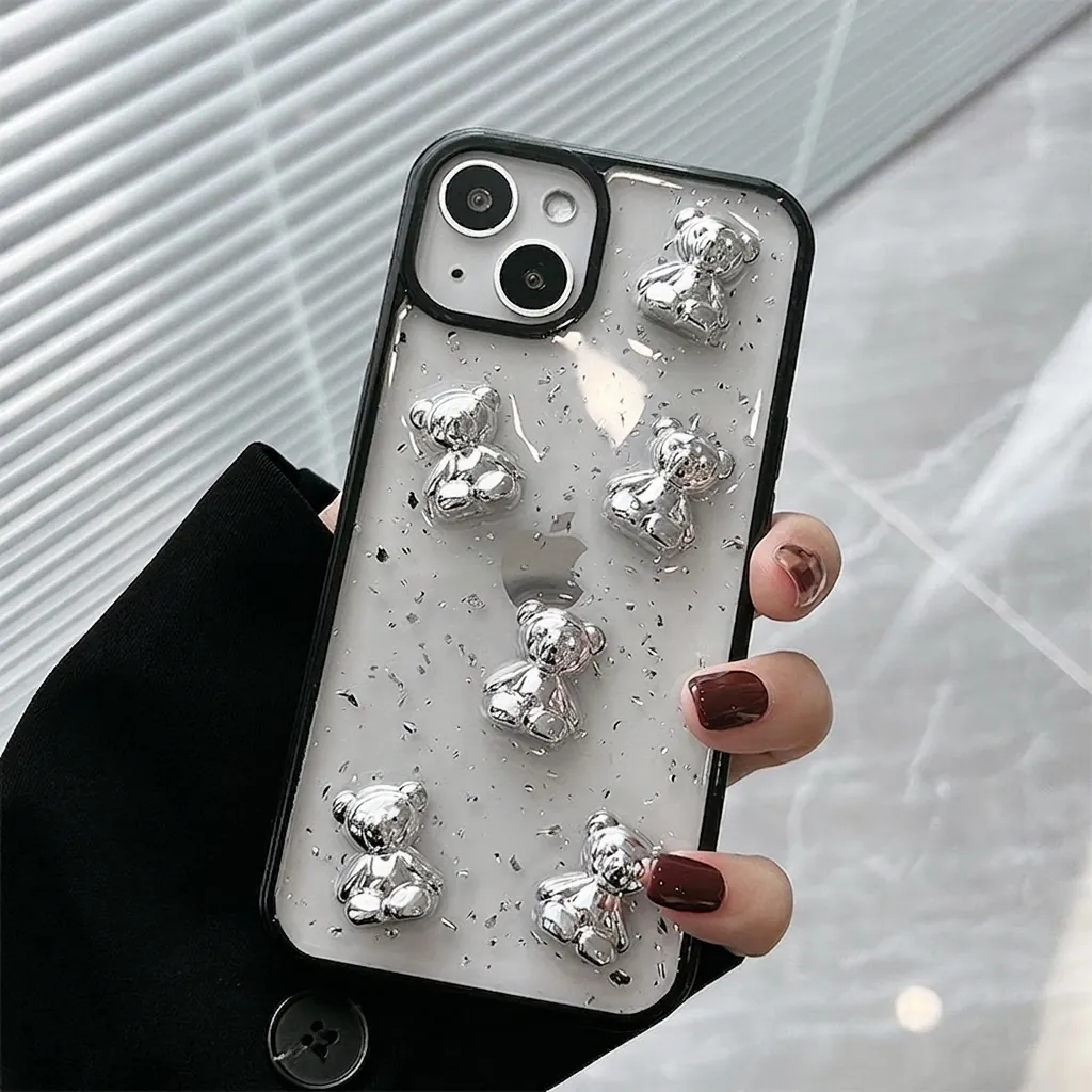 3D Electroplated Silver Bear iPhone Case With Silver Foil Resin Transparent TPU Soft Edge Metallic Ins Style