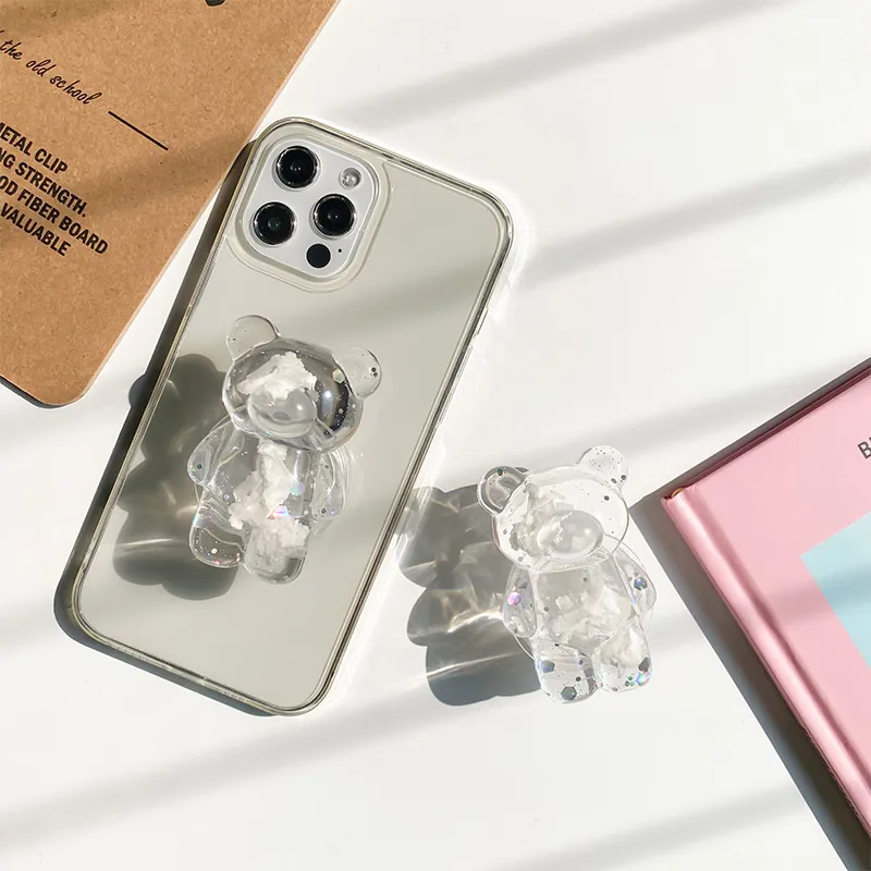 Transparent Bear Phone Grip Expanding Airbag Stand With Glitter Cloud Resin 3D Cute Universal Mobile Bracket