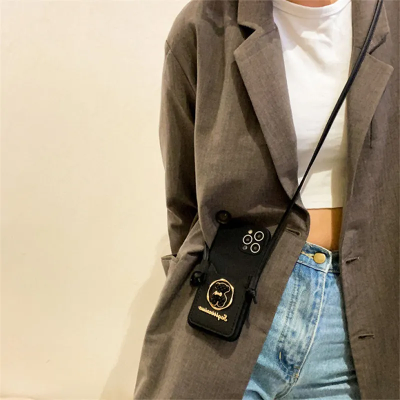 Crossbody Phone Case With Card Holder Wallet Adjustable Lanyard Strap Leather Texture Bear Sagittarius Decor Elegant