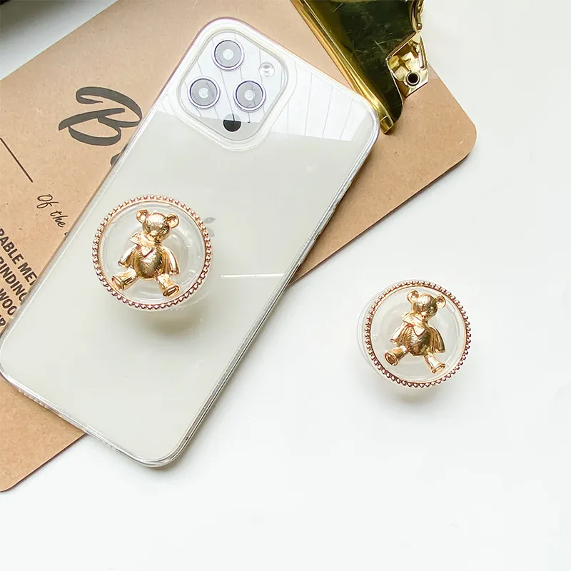 3D Electroplated Gold Bear Expandable Phone Grip Stand Transparent Base Universal Cell Phone Socket Holder For Smartphone