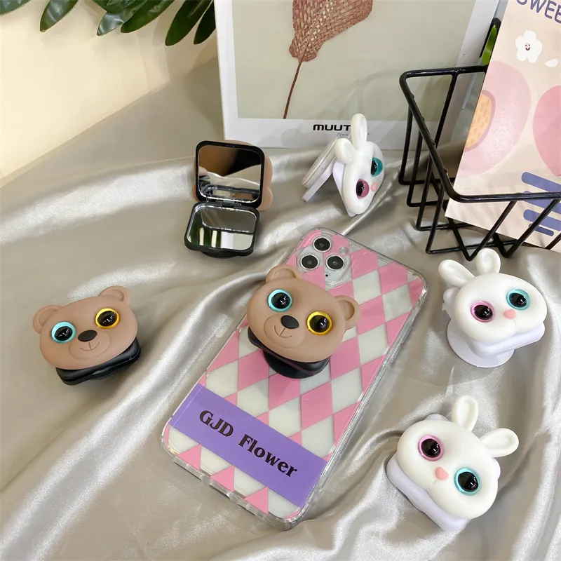 3D Cartoon Bear Rabbit Phone Holder With Flip Makeup Mirror Expandable Folding Stand Cute Animal Adhesive Grip