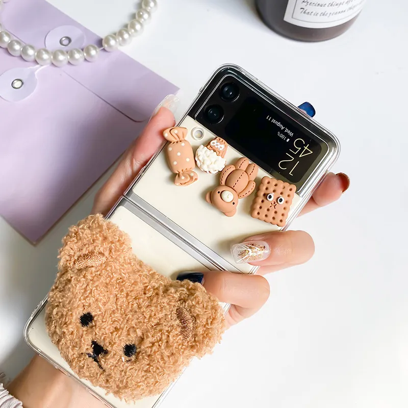 Coque De Smartphone Pliable Transparent PC Avec Charmes En Résine 3D Et Poignée Tête D'ours En Peluche Mignon