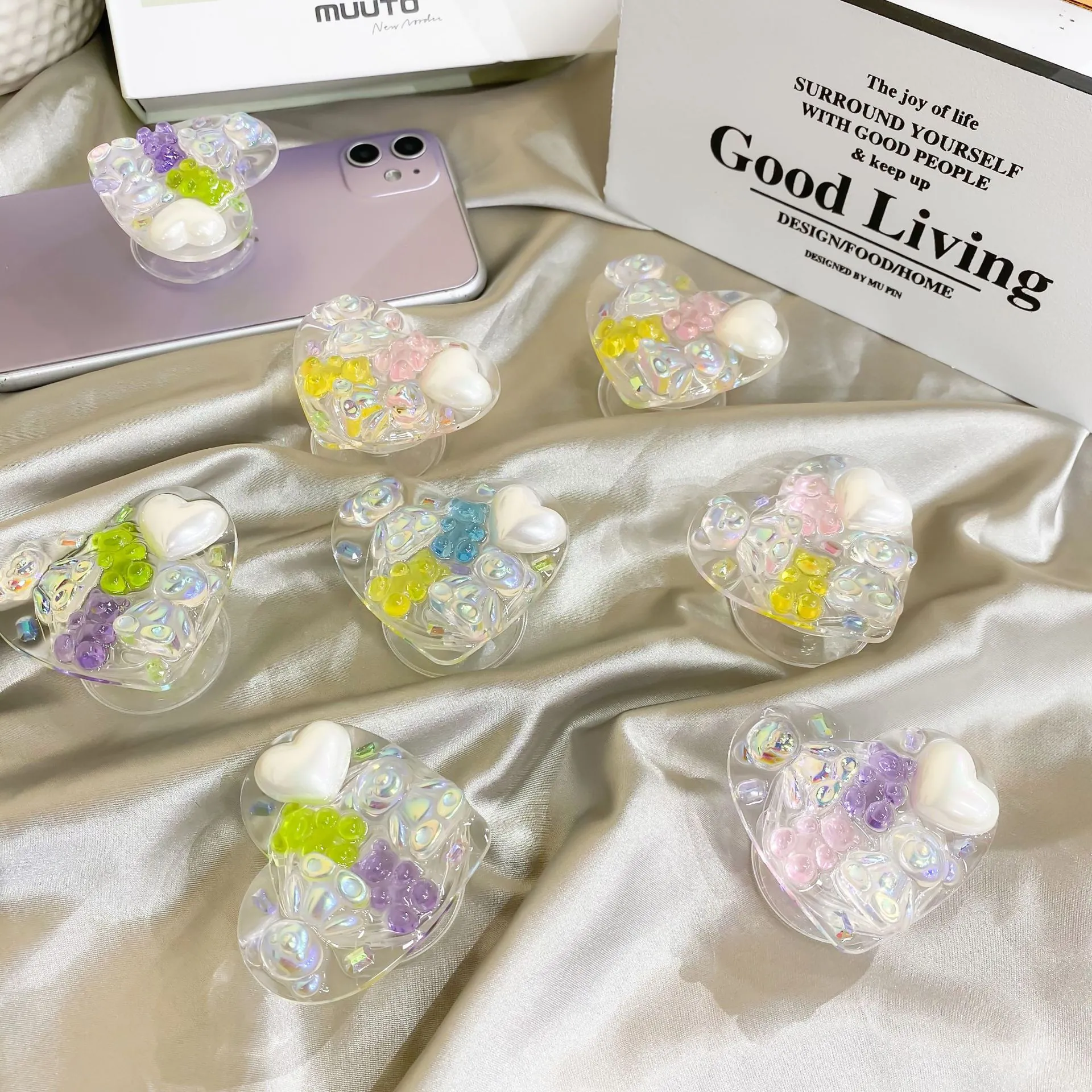 Heart Shaped Phone Grip Expandable Stand Holographic Resin Bear Artificial Pearl Rhinestone Cute Universal Socket For Smartphone