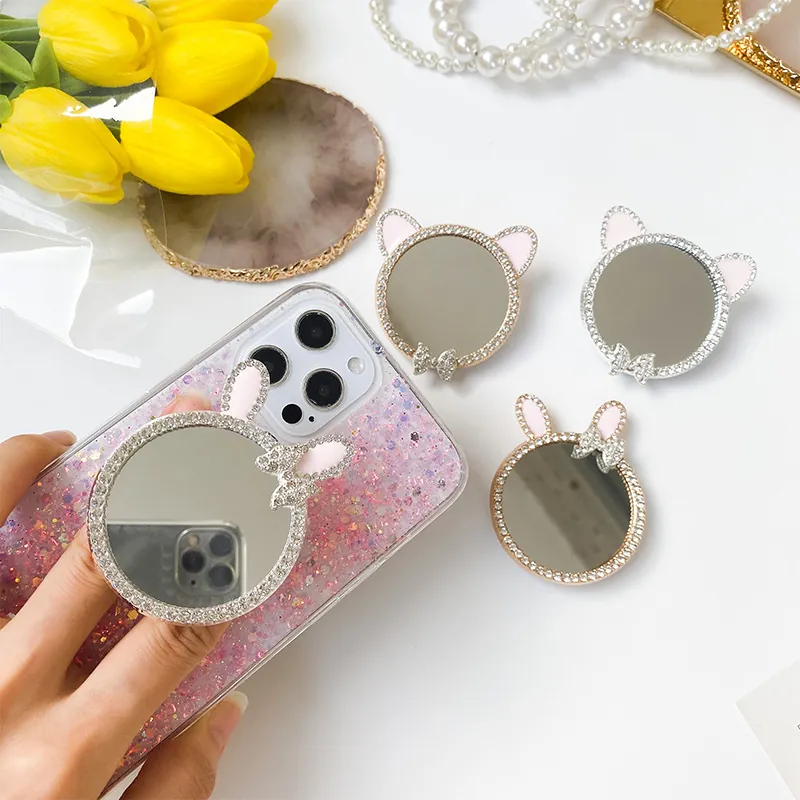 Support De Téléphone Miroir À Strass Poignée Airbag Pliable Oreilles De Lapin Chat Adhésif Pour Smartphone