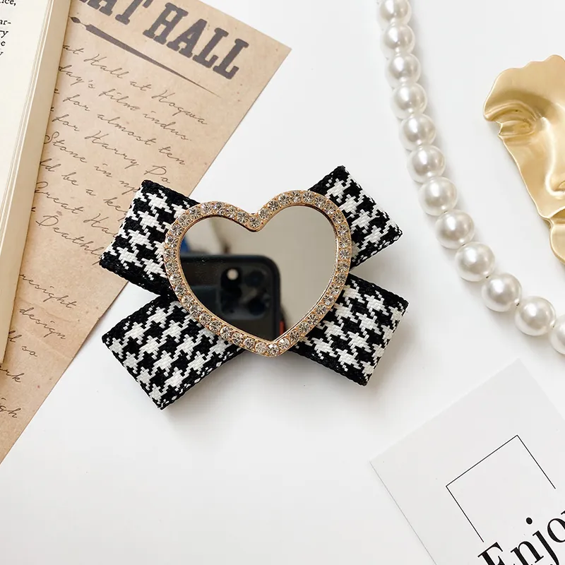 Heart Shaped Mirror Bow Phone Grip Socket Foldable Alloy Rhinestone Houndstooth Fabric Desktop Bracket Stand Holder