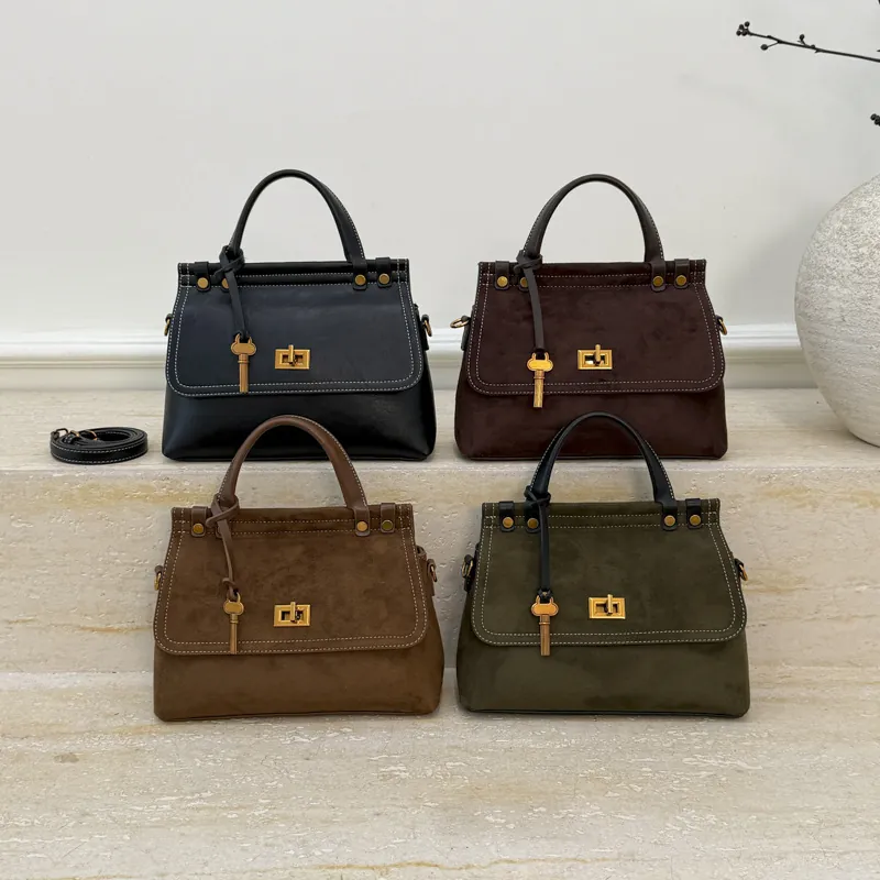 Women Retro Suede PU Leather Handbag Vintage Satchel Bag With Gold Lock Key Charm Crossbody Messenger Bag For Commuting