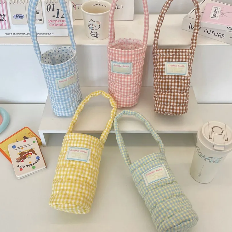 Gewatteerd Katoen Gingham Waterfles Tas Met Hart Patroon Draagbare Handtas Vrouwen Dagelijks Geïsoleerde Bekerhouder