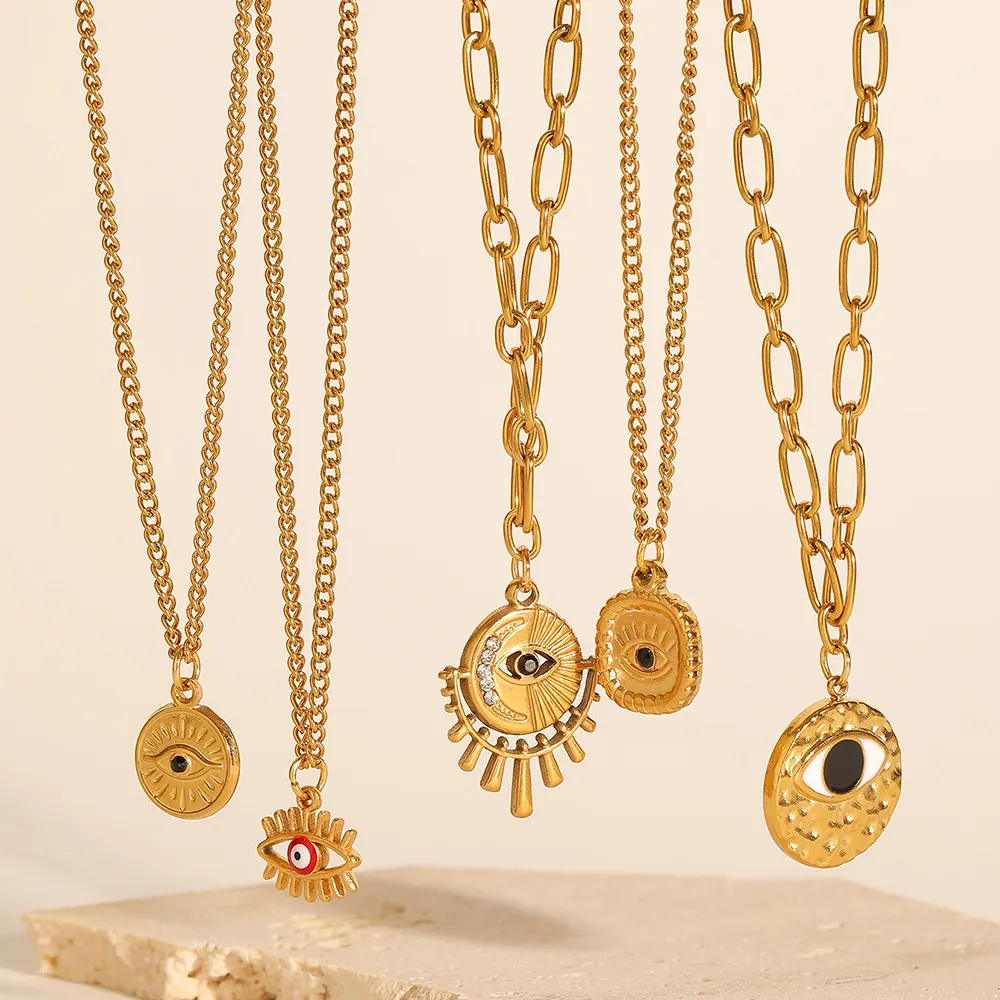 Evil Eye Pendant Necklace Gold Plated 304 Stainless Steel Enamel Rhinestone Bohemian Retro Jewelry For Women