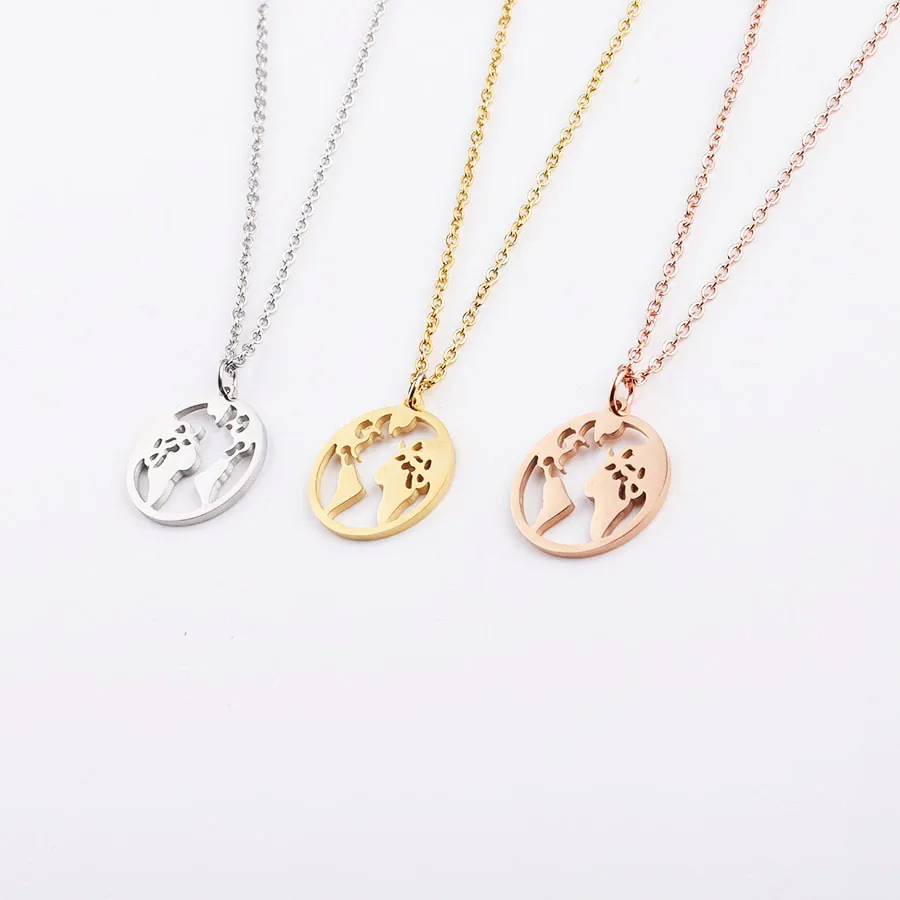 Minimalist Stainless Steel Hollow Out World Map Round Pendant Necklace Gold Silver Rose Gold Plated O-Chain Necklace Jewelry For Women