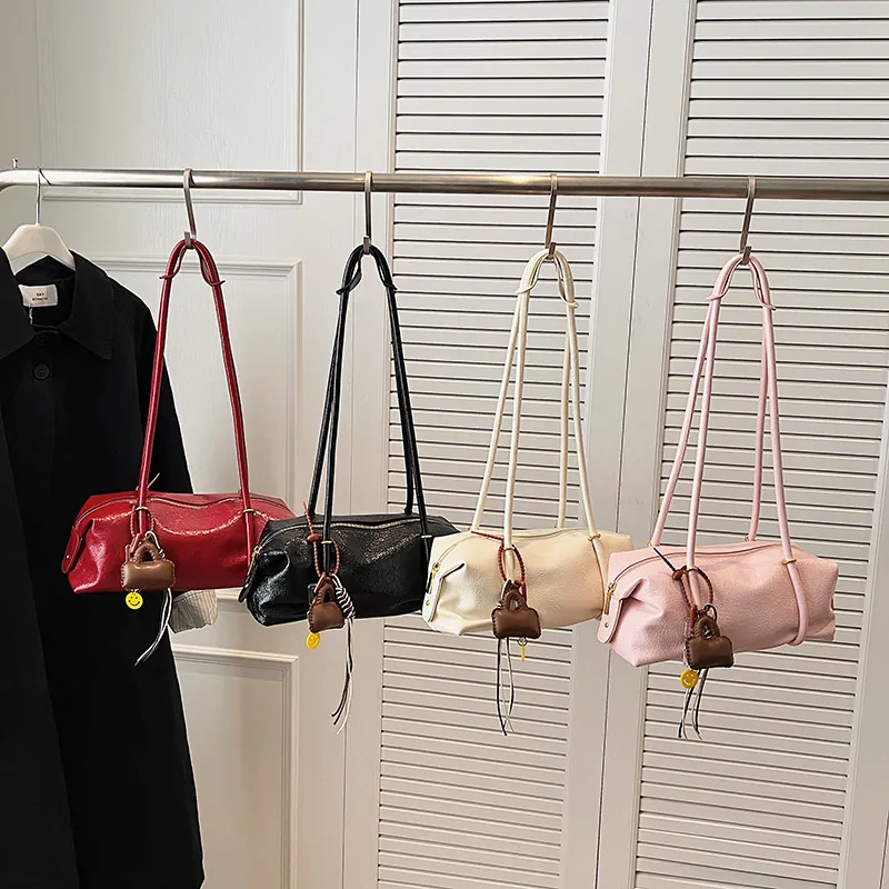 Women PU Leather Underarm Shoulder Bag Large Capacity Solid Color Boston Pillow Bag With Mini Charm Pendant