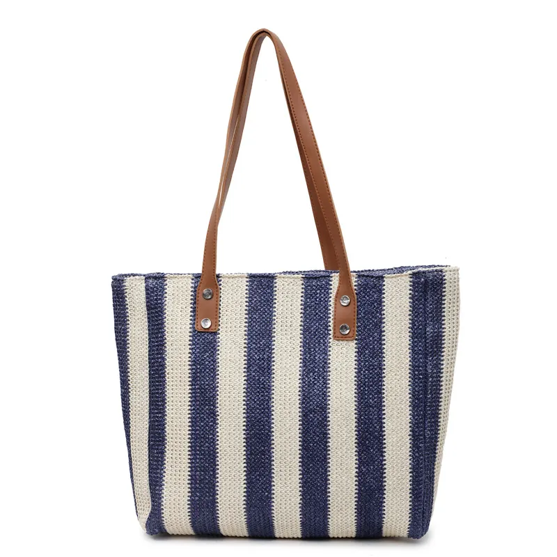 Striped Straw Weave Tote Bag Large Capacity Women Shoulder Bag Vacation Beach Style With PU Leather Handle And Rivets