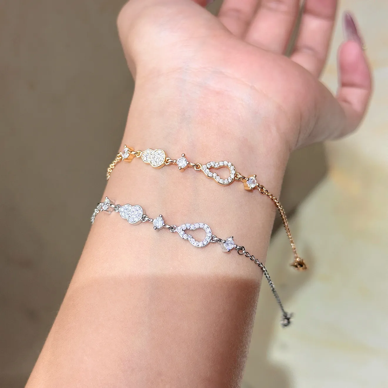 Wu Lou Gourd Double Pendant Bracelet Copper Zircon Hollow Pave Set Delicate Luck Charm For Women