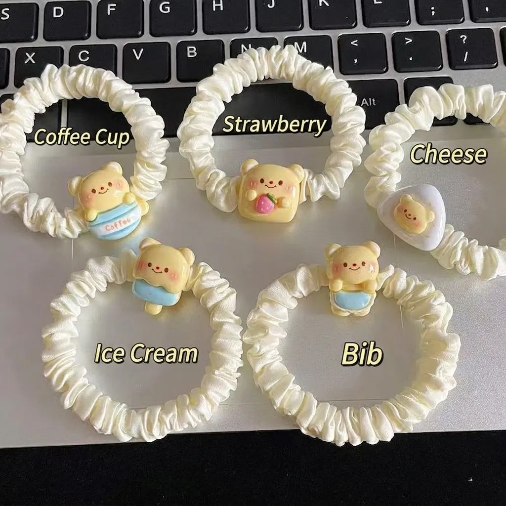 Chouchous En Tissu Plissé Ours En Résine Mignon Attaches De Cheveux Élastiques Blanc Crème Accessoires Cheveux Filles