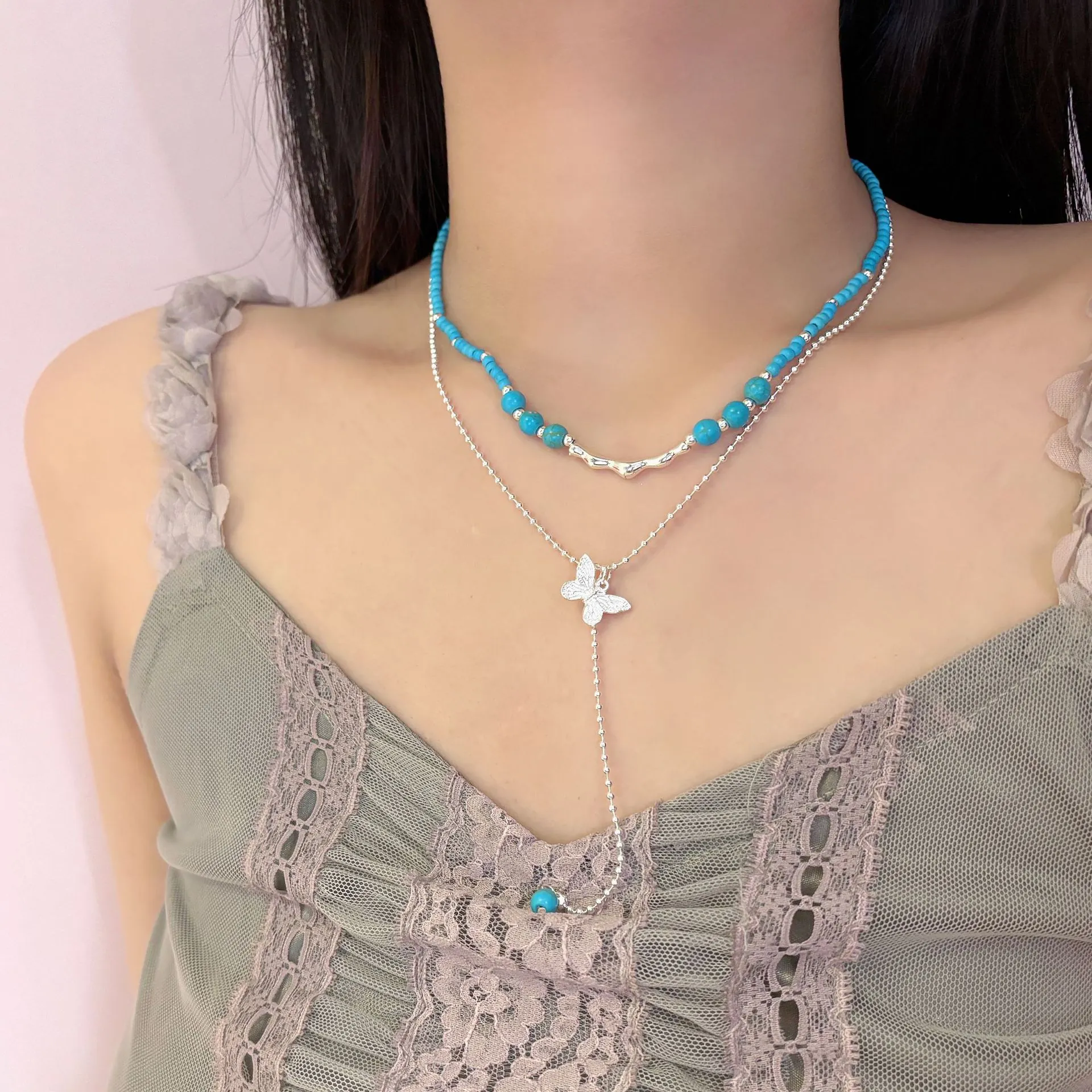 Butterfly Pendant Layered Necklace Turquoise Beads Alloy Silver Plated Tassel Clavicle Chain For Women Fresh Jewelry