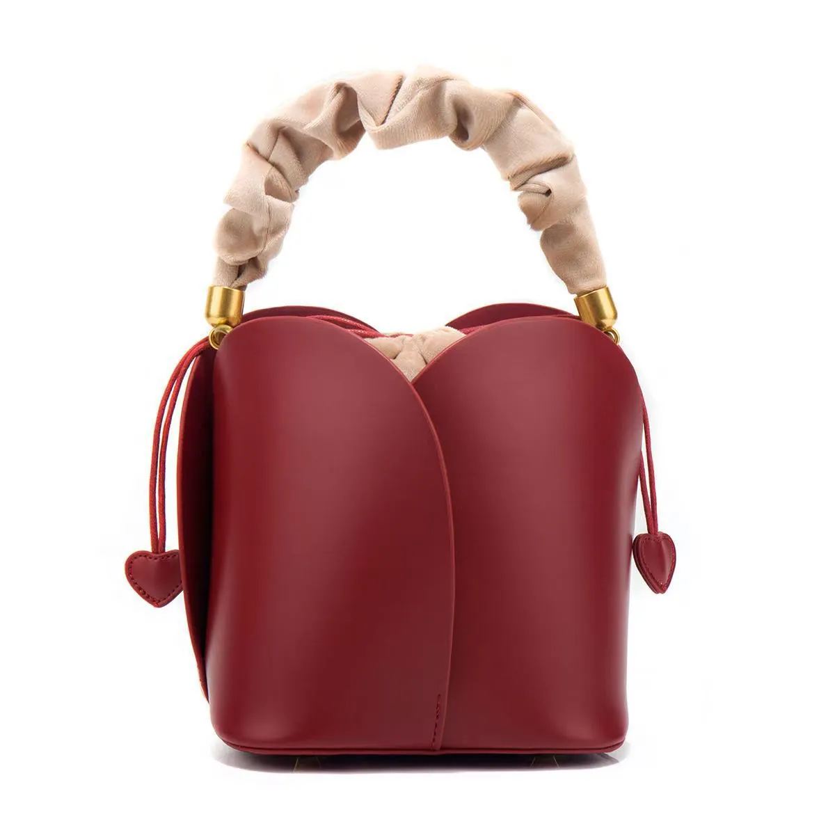 Tulip Petal Bucket Bag PU Leather Handbag With Scrunchie Handle Heart Charm Drawstring Shoulder Bag For Women Wedding