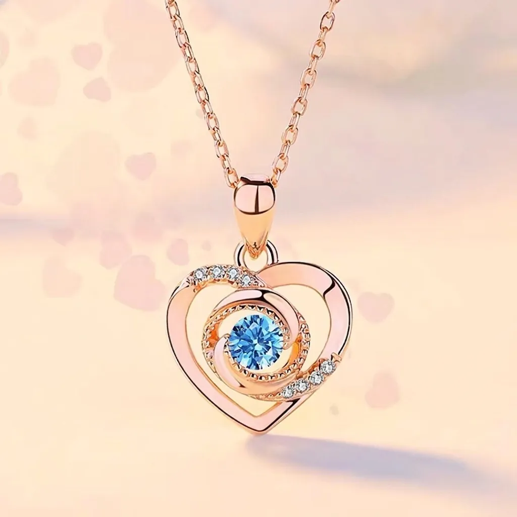 Collier Pendentif Coeur en Argent Sterling 925 de Luxe Pour Femme Incrusté de Zirconia Bleu Blanc Bijoux de Chaîne Cadeau