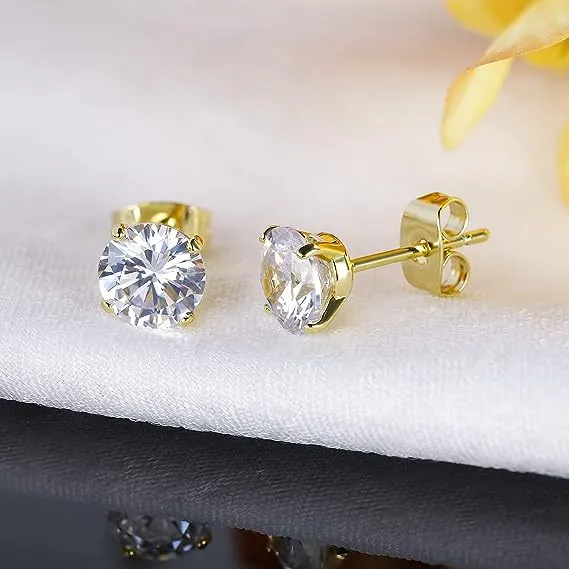 Classic Round Cubic Zirconia Stud Earrings Stainless Steel Four-Prong Setting Minimalist Daily Jewelry For Women Men