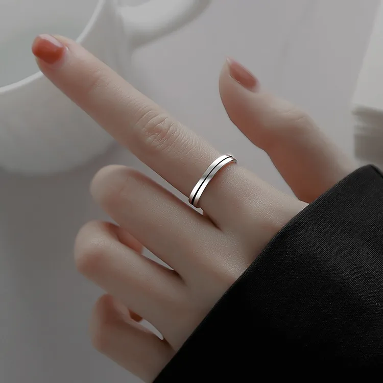 Anello In Argento Sterling 925 Minimalista A Righe Retro Design Doppia Linea Aperto Regolabile Gioielli Da Donna