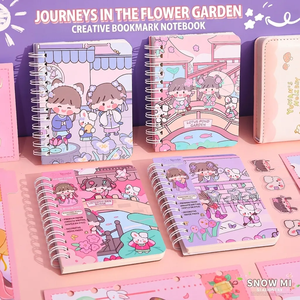 Cute Cartoon Spiral Notebook PVC Bookmark Lined Eye Protection Paper Portable Diary Journal For Student Girls Stationery