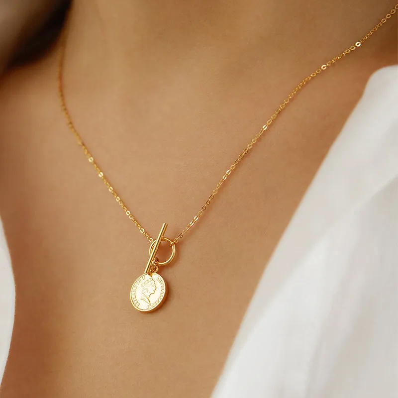 925 Sterling Silver Necklace Gold Plated Portrait Coin Pendant Vintage OT Buckle Minimalist O-Chain Jewelry For Women