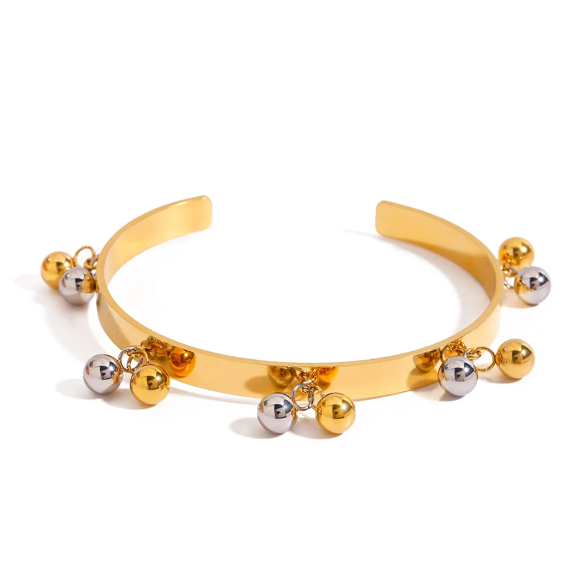 Stainless Steel Open Cuff Bracelet With Bicolor Gold And Silver Round Beads 18K Gold Plated Luxury Geometric Jewelry For Women