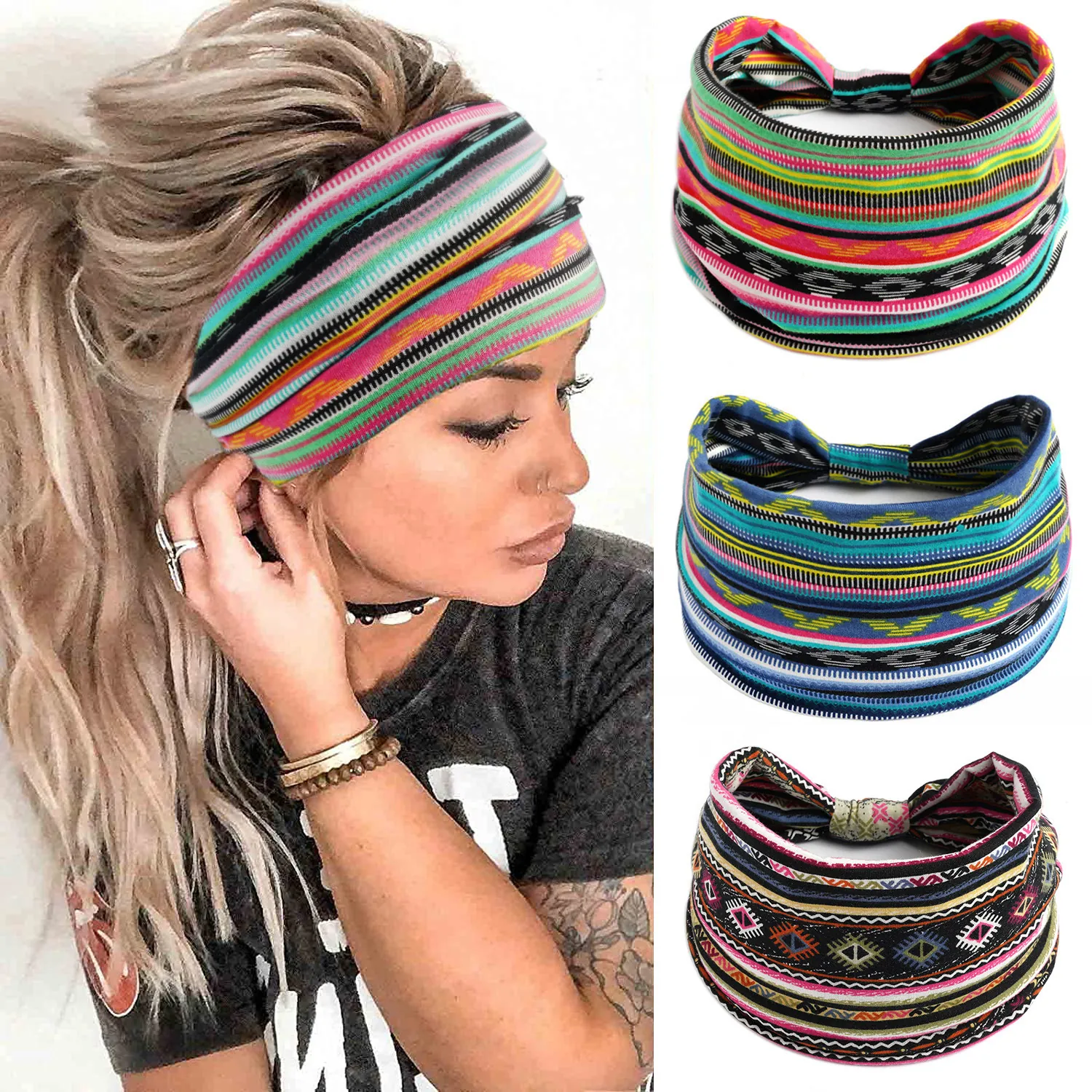 Printed Wide Headband Elastic Women Hairband Bohemian Vintage Yoga Sports Turban Soft Hair Accessory