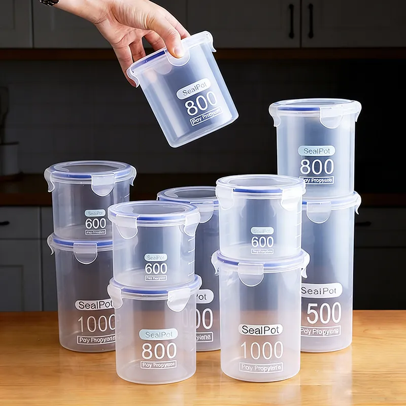 Transparent Plastic Food Storage Containers Airtight Sealing Jars Kitchen Cereal Grain Organizer Round Side Lock Lids