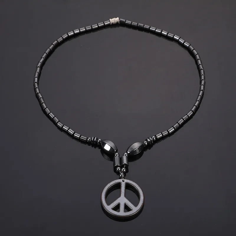 Peace Zeichen Anhänger Halskette Magnetit Hämatit Perlen Schwarzer Stein Zylinder Perlen Retro Punk Schmuck Für Damen Herren