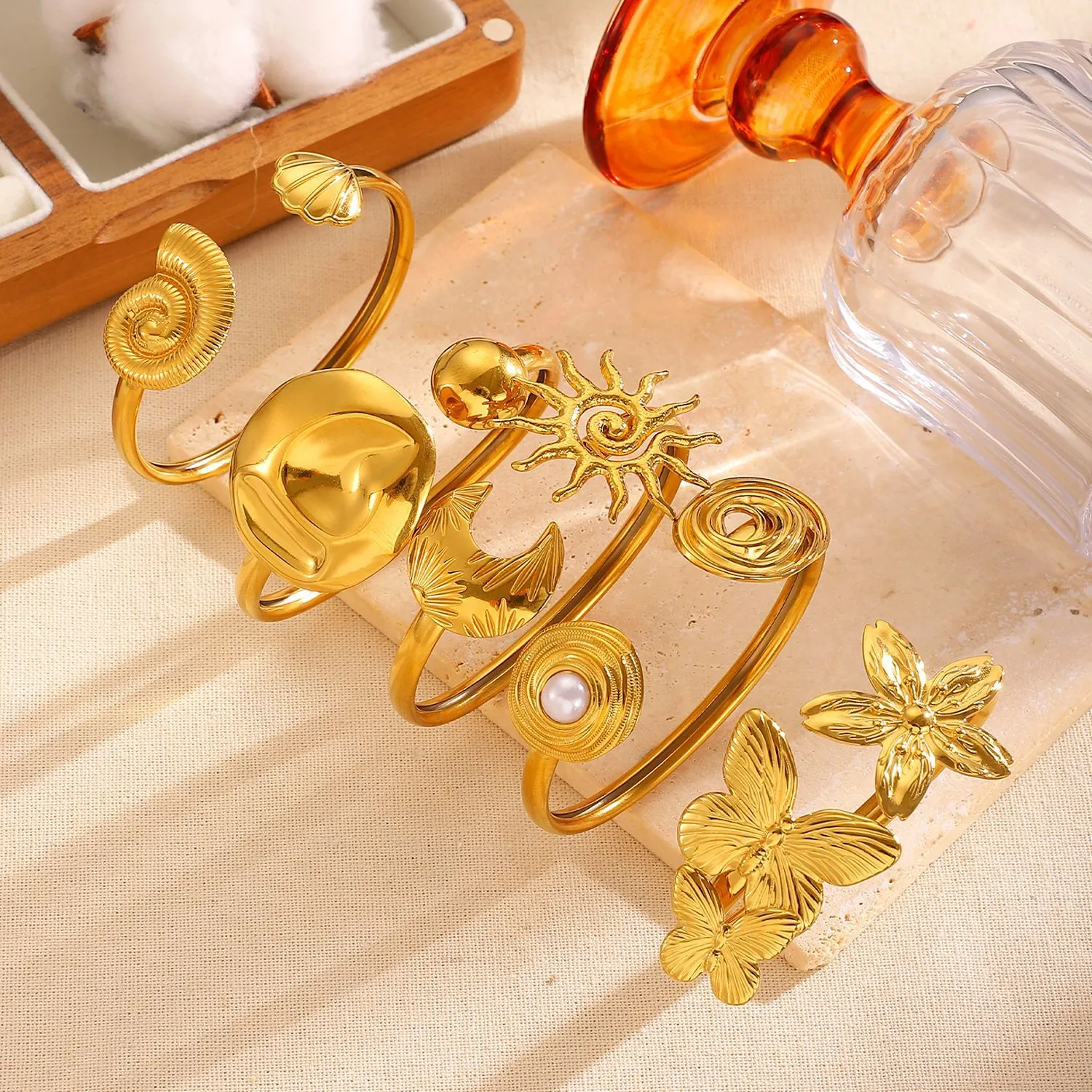 Stainless Steel Asymmetrical Open Bangle For Women Gold Plated Shell Sun Moon Butterfly Flower Geometric Fashion Jewelry Hand Cuff