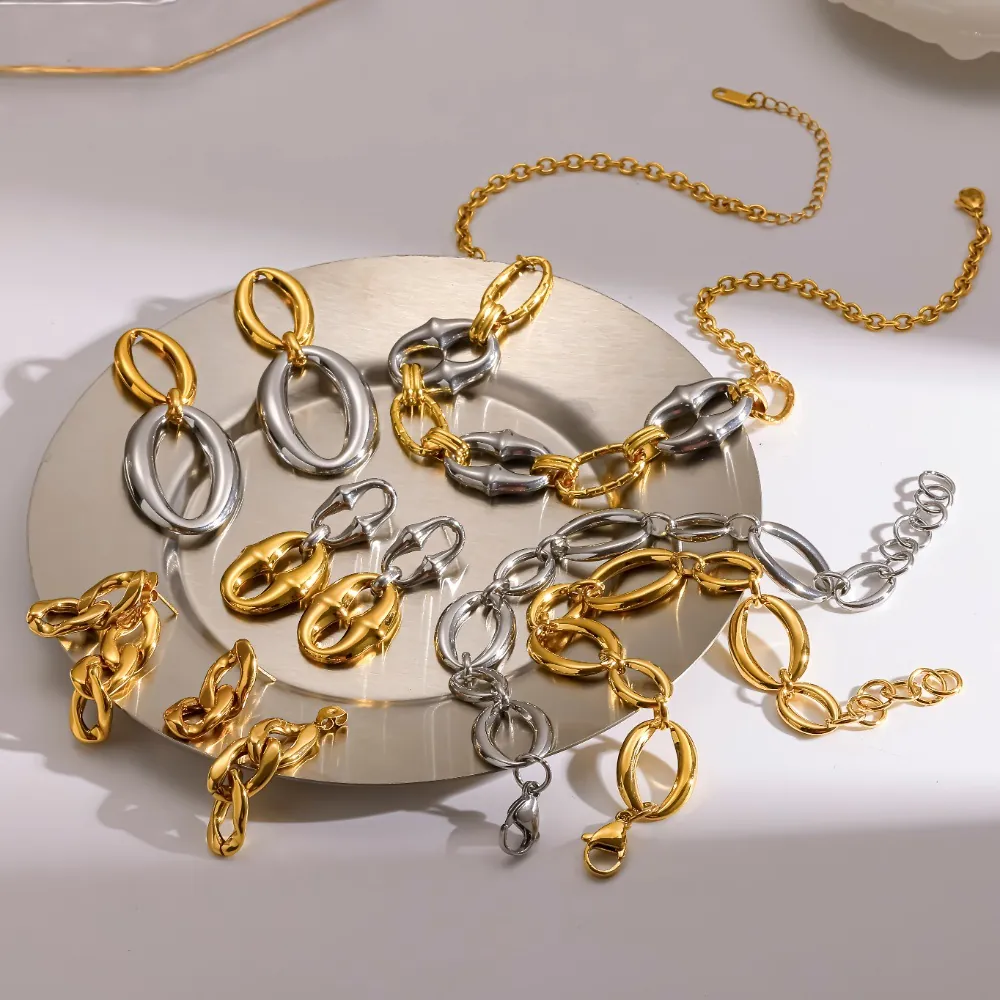 18K Gold Plated Stainless Steel Two Tone Geometric Oval Circle Link Chain Necklace And Hoop Stud Earrings For Women Luxury Jewelry