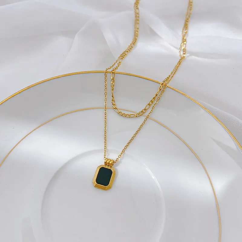 Collana A Strati Acciaio Inossidabile 304 Catena Figaro Con Pendente Rettangolare Nero Stile Retrò Donna