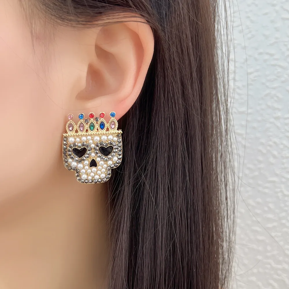 Colorful Skull Crown Earrings Alloy Rhinestone Faux Artificial Pearl Gothic Punk Retro Jewelry For Women Crystal Luxury