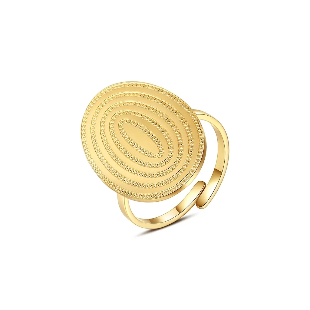 Vintage Strukturierte Edelstahl Offener Ring Für Damen Vergoldet Große Oval Konzentrische Kreise Einstellbar Statement Fingerring Schmuck