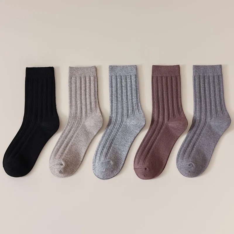 Mid Calf Socks Ribbed Knit Solid Color Warm Winter Autumn Business Casual Versatile Unisex Polyester Blend