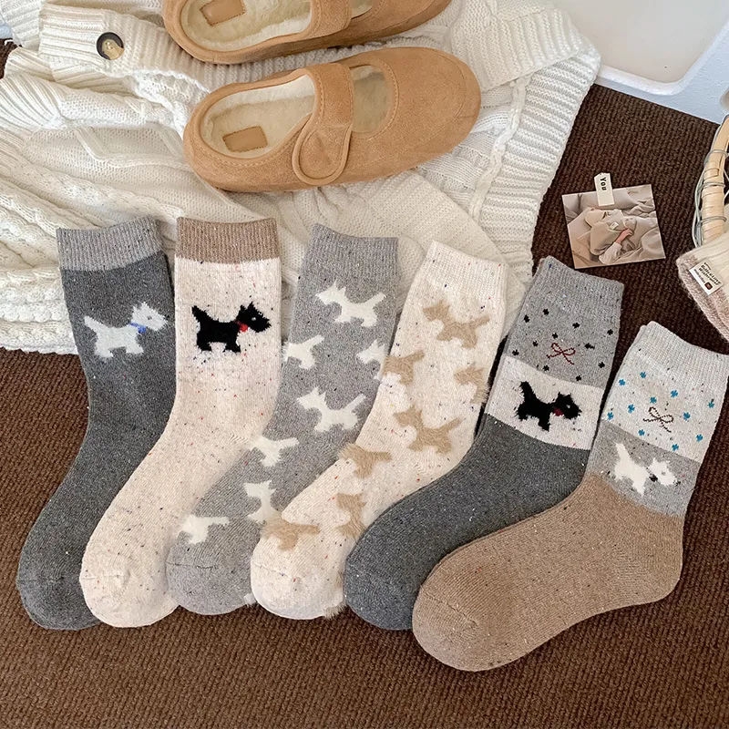 Damen Retro Wollmischung Slouch Socken Vintage Scottie Hund Jacquard Wadenhohe Socken Warme Winter Strick Gestreifte Crew Socken