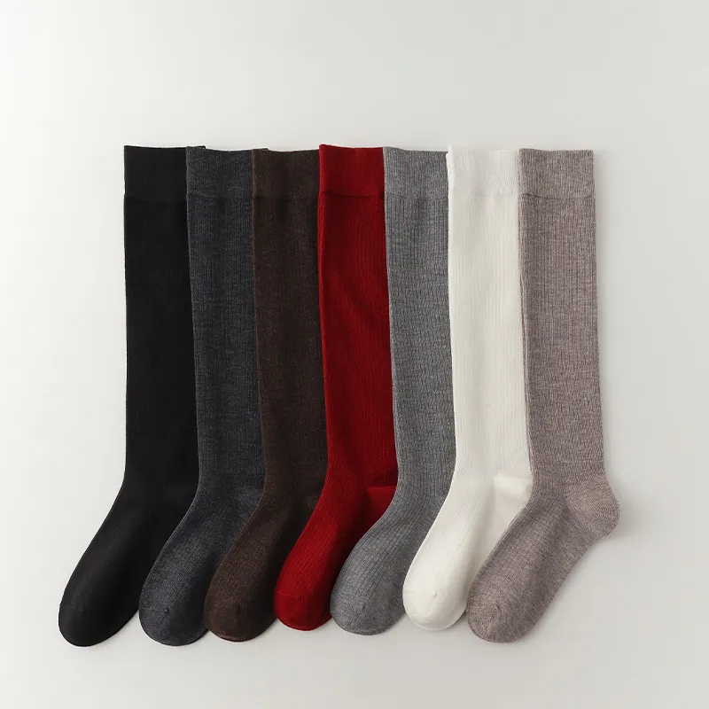 Japanese Style Ribbed Knit Polyester Slouch Socks For Women Warm Solid Color Mid-Calf Crew Socks Long Socks Autumn Winter