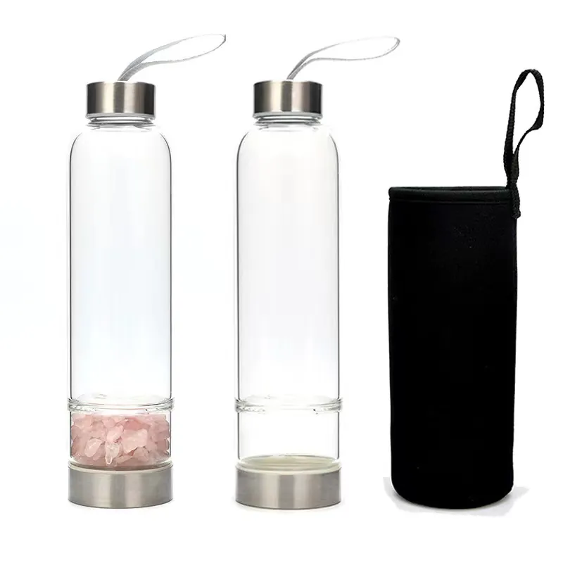 Botella De Agua Energía Cristal Vidrio Borosilicato Con Piedras Naturales Sanación Tapa Acero Inoxidable Portátil Bienestar