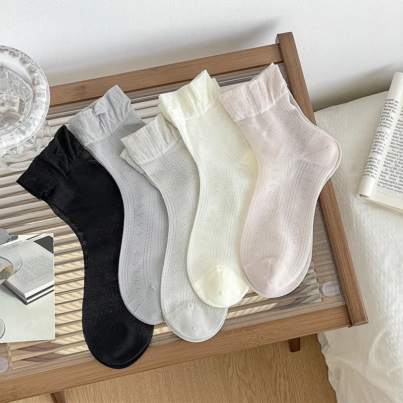 Damen Wadensocken Nylon Mesh Durchbrochenes Sternmuster Rüschenbesatz Atmungsaktiv Sommer College Stil