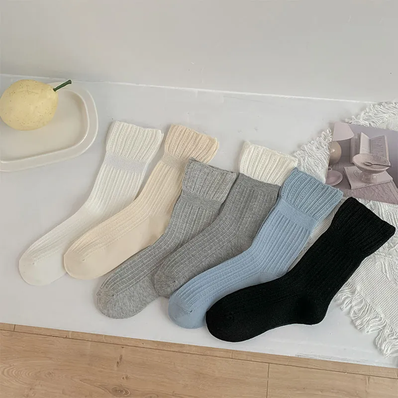 Chaussettes Mi-Mollet Côtelées Pour Femmes Coton Respirant Maille Ajourée Style Japonais Chaussettes Courtes Couleur Unie