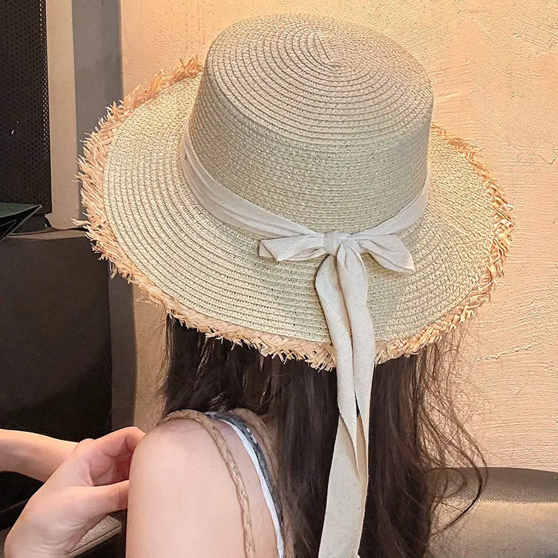 Women Elegant Lace Bowknot Straw Sun Hat Wide Brim Summer Vacation Beach Seaside Sunscreen Straw Boater Flat Top Hat