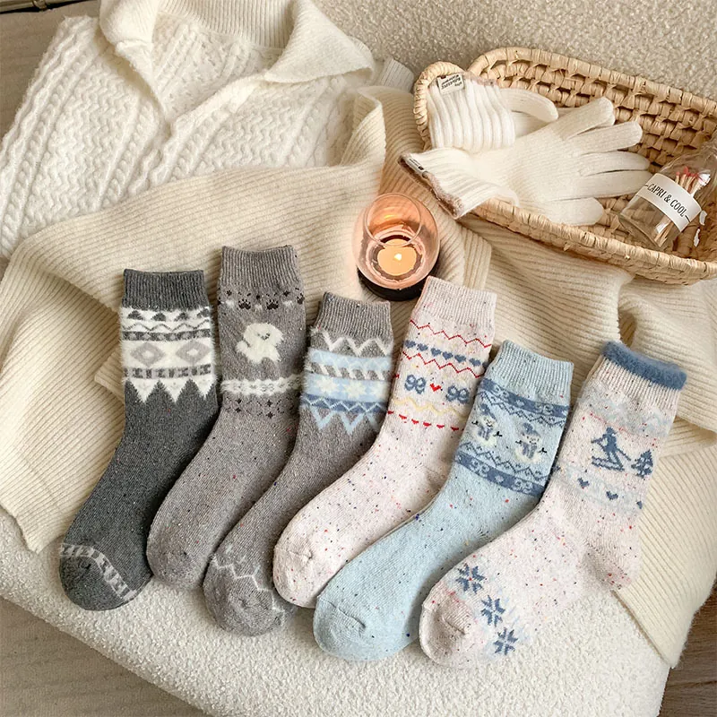 Damen Woll Slouch Socken Verdickt Warm Winter Crew Socken Vintage Weihnachten Schneemann Schneeflocke Jacquard Thermosocken