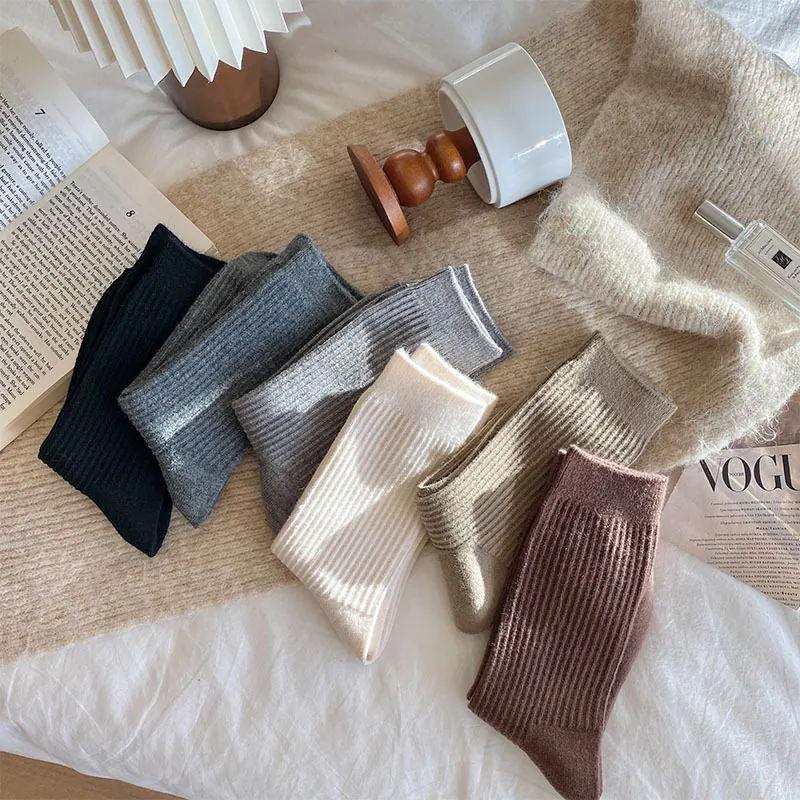 Women Japanese Vintage Wool Blend Slouch Socks Thick Ribbed Vertical Stripe Warm Loose Socks For Autumn Winter Casual Daily Wear