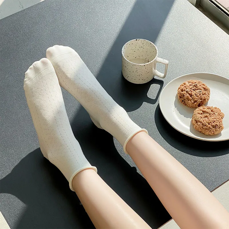Women Mid Calf Slouch Socks Cotton Blend Hollow Mesh Thin Breathable Japanese Style Rolled Edge Solid Color