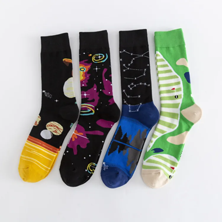 Cotton Blend Crew Socks Creative Galaxy Space Planet Golf Pattern Breathable Trendy Casual Hosiery For Men Women