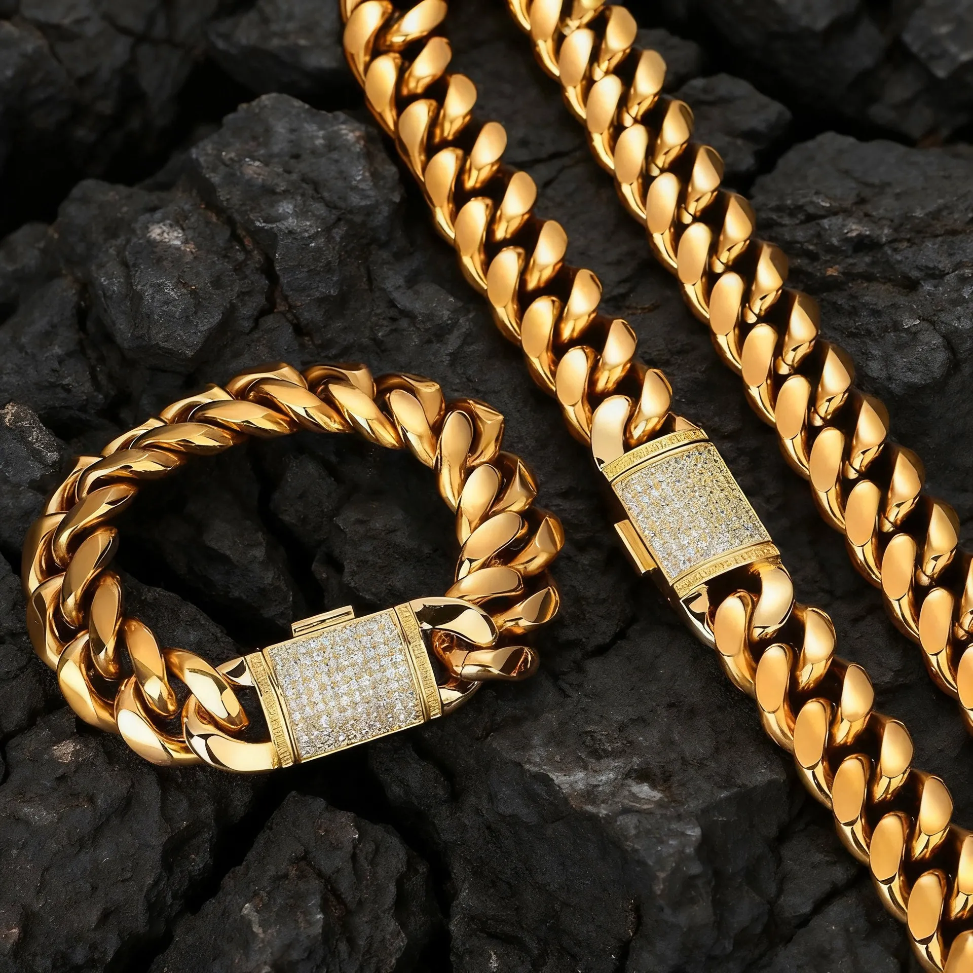 Collana A Catena Miami Cuban Link Acciaio Inossidabile Placcato Oro Con Chiusura A Scatola In Rame Zircone Uomo Hiphop