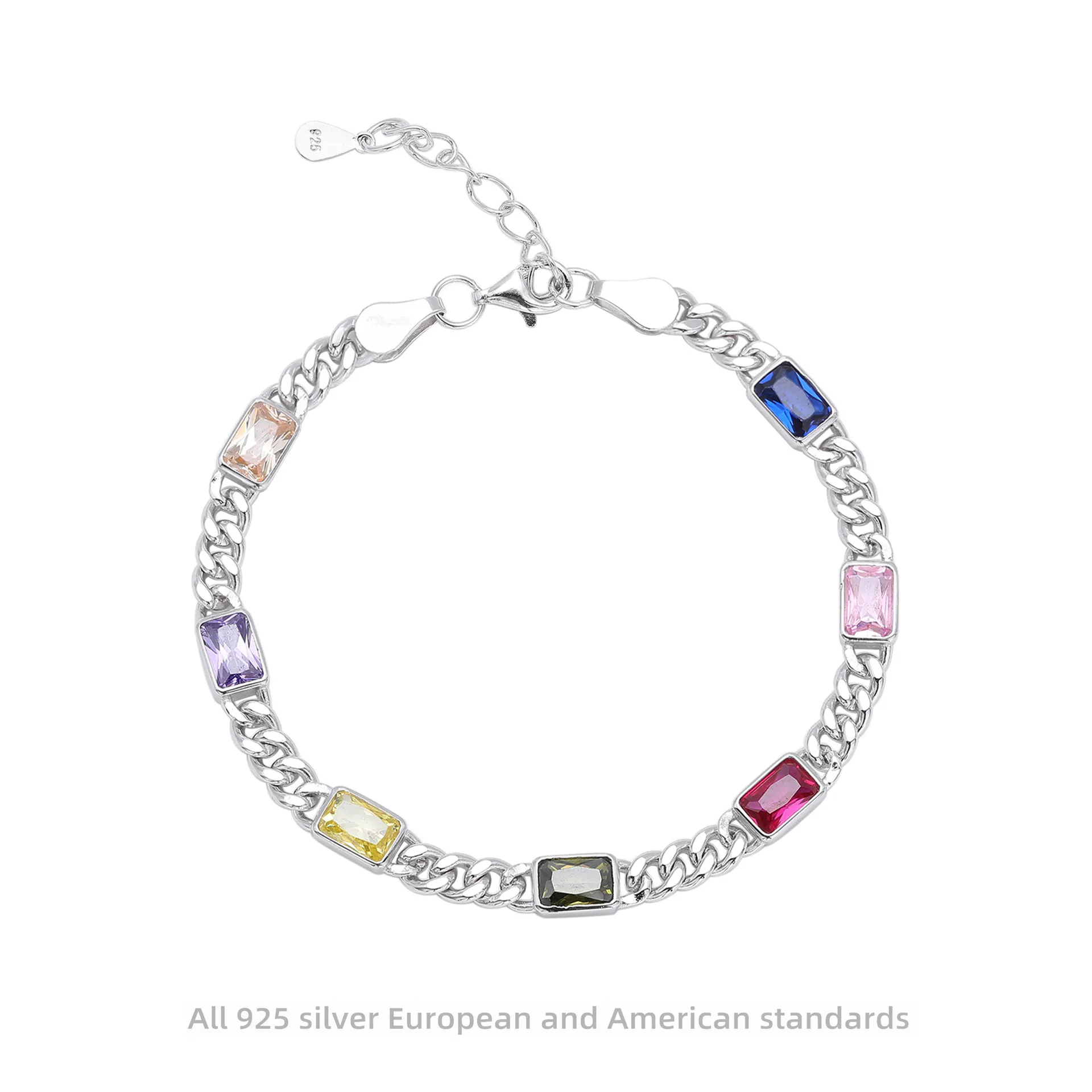 Braccialetto in Argento Sterling 925 con Zirconia Multicolore per Donna Moda Rettangolare CZ Catena a Maglie Regolabile Regalo